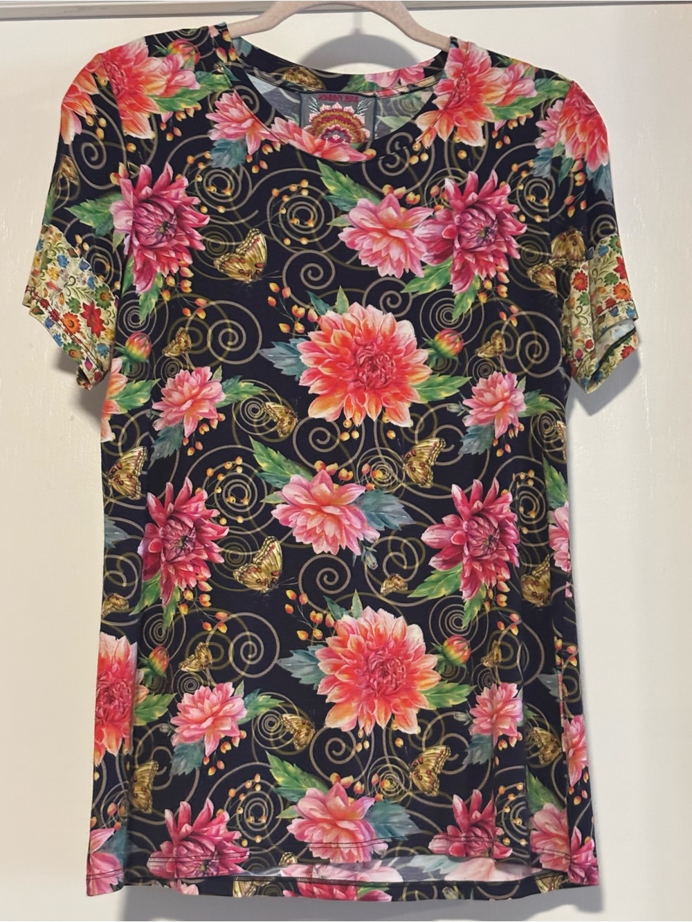Johnny Was Black Tee with Pink & Gold Floral Motif